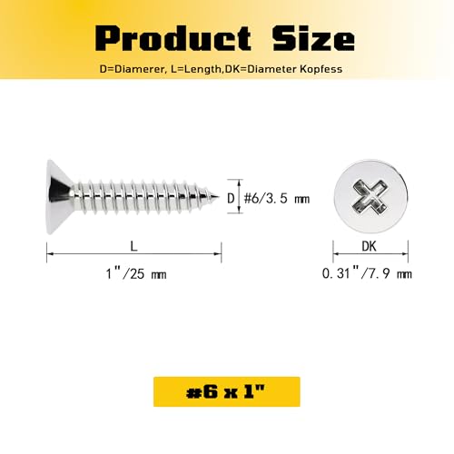#6 x 1 inch Flat Head Wood Screws, 304 Stainless Steel Phillips Drywall Screws and Tapping Screws, High Hardness Screws for Drywall, Sheetrock, Wood (50 Pcs) - size: #6 x 1"