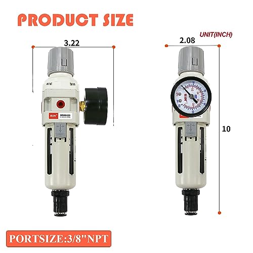 RIH 3/8"NPT Auto Drain Air Filter Pressure Regulator Combo Piggyback, 5 Micron Brass Element, Poly Bowl, Metal Bracket, 0-150 psi Gauge Air Tool Compressor Filter with Gauge (3/8"NPT Auto Drain) - size: 3/8"NPT Auto Drain