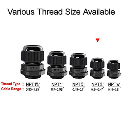LeMotech 10 Pack NPT 1/2" Cable Glands Waterproof Adjustable 6-12mm Cable Connectors Black Nylon Joints with Gaskets - color: Black, size: 1/2inch 10-pack