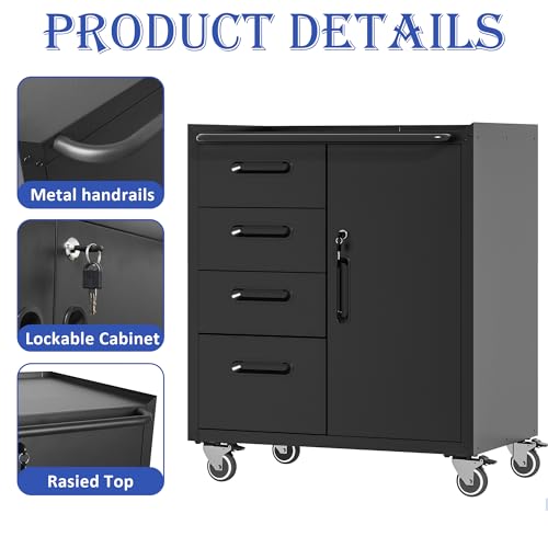 Mobile Tool Storage Cabinet with 4 Drawer and 1 Locking Doors - color: Black, style: 1 door 4 drawer with wheels
