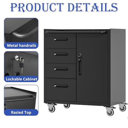 Mobile Tool Storage Cabinet with 4 Drawer and 1 Locking Doors - color: Black, style: 1 door 4 drawer with wheels