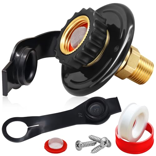 RV City Water Inlet with Check Valve, 3/4 NH Female to 1/2 NPT Male Black Flange RV Fresh Water Inlet, Lead-free Brass RV Water Connection Inlet with Dust Plug for RV Camper Motorhome Trailer Marine - color: Black Small Flange