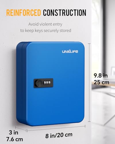 Uniclife 28 Keys Steel Key Cabinet with Resettable Code Blue Wall Mounted Key Organizer with Combination Lock Digital Security Box with Hooks and Large Key Tag Labels Identifiers in 5 Assorted Colors - color: Blue, size: 28 Keys