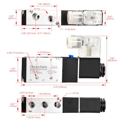 Heschen Electric Pneumatic Air Control Valve, Solenoid Control Valve 4V210-06 220VAC PT1/8 5 Way 2 Position Single Coil Electric Driven CE with Fittings and Muffler