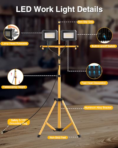 LED Work Light with Stand, 10000 Lumen Work Light with Adjustable and Foldable Tripod Stand, Waterproof with Individual Switch for Construction Job Site Workshop Garage, 2 Pack - size: 80W 2PACK