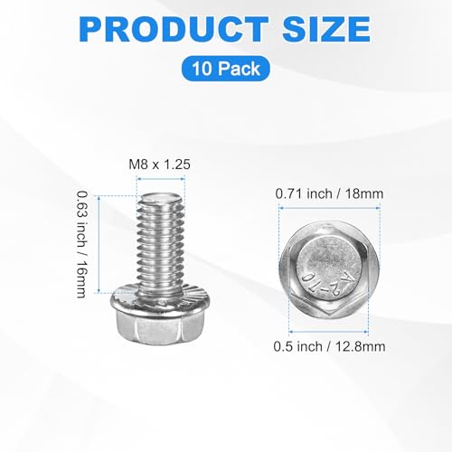 M METERXITY 10 Pack Flanged Hex Head Bolts, M8 x 16mm 304 Stainless Steel External Hex Drive Screws, Metric Fully Threaded Screw for Furniture Car DIY Project [Silver Tone] - size: M8 x 16mm