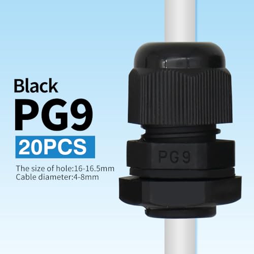 MAKERELE PG9 Cable Gland Waterproof IP68 Wire Gland, 4-8.2mm, 20 PC, Black - size: PG9/20PCS/BAG