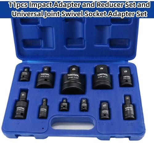TONYNOL 11pcs Impact Adapter and Reducer Set and Universal Joint Swivel Socket Adapter Set, 1/4" 3/8" 1/2" 3/4" 1" Drive Socket Adapter Set, Cr-Mo Steel,With a Storage Case. - size: 11PCS CR-MO