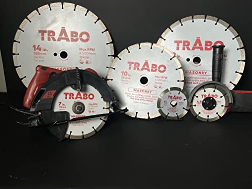 Trabo 10 Inch Masonry Segmented Rim Diamond Bond Blade for Cutting Cement, Pavers, Concrete with Rebar, Natural Stone and More, with 1 Inch Arbor with 7/8 Inch Reducer Ring - size: 10 Inch