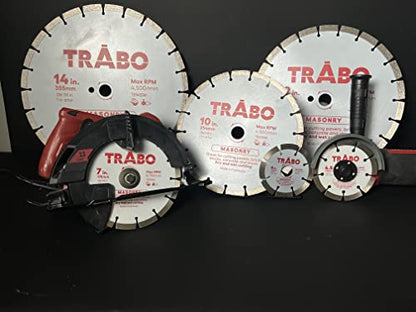 Trabo 14 Inch Masonry Segmented Rim Diamond Bond Blade for Cutting Cement, Pavers, Concrete with Rebar, Natural Stone and More, with 1 Inch Arbor - size: 14 Inch