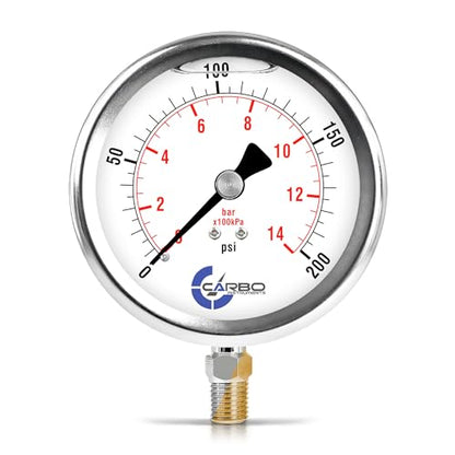 200 PSI Glycerin Liquid Filled Pressure Gauge, 4" Dial, 1/4 NPT Lower Mount, 304 Stainless Steel Case, Brass Wetted Parts, Dual Scale PSI/Bar - ASME B40.1 Grade A - size: 0-200 Psi, style: STANDARD