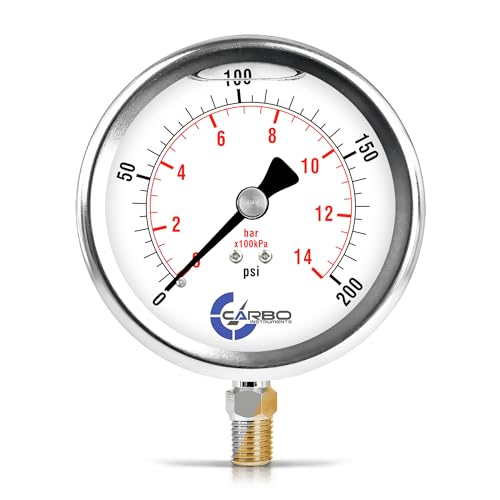 Carbo 200 PSI Liquid Filled Pressure Gauge with NIST Traceable Certificate, Calibrated in USA Lab, 4" Dial, 1/4 NPT Lower Mount, ASME Grade A, 304 SS Case, Brass Wetted Parts, PSI/Bar - size: 0-200 Psi, style: NIST TRACEABLE