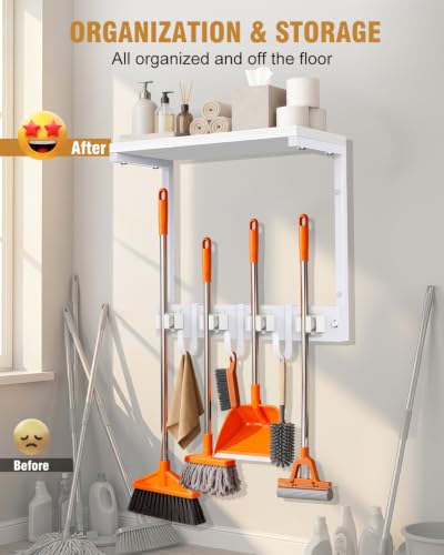 Supforce Small Broom Holder Wall Mount with Shelf, 4 Slots 3 Hooks - color: White, size: Small