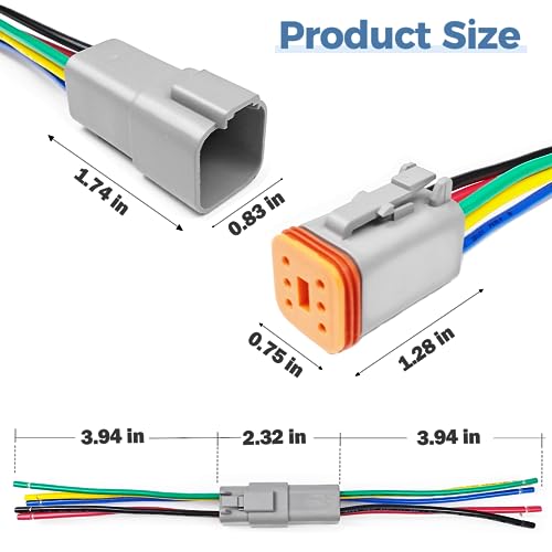 2 Kit Deutsch DT 6 pin Grey Male Female Wiring Harness, 16 AWG - color: Grey 6Pin, size: 2Set