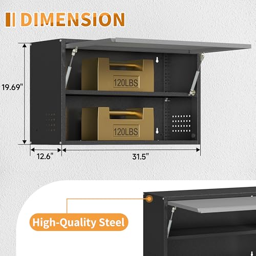 Metal Garage Wall Cabinet with Up-Flip Door, Float Tool Cabenit with Adjustable Shelf,Steel Wall-Mounted Storage Cabinet with Pegboard for Kitchen,Garage,Workshop,Warehouse(19.7"H,Black&Gray) - color: Black&gray, size: 19.7"H Wall Cabinet(1-Door)