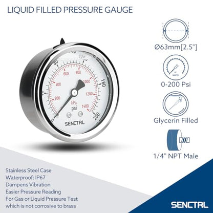 SENCTRL 0-200 Psi Liquid Filled Pressure Gauge, 1/4" NPT Back Mount - size: 0-200 Psi, style: Back Mount