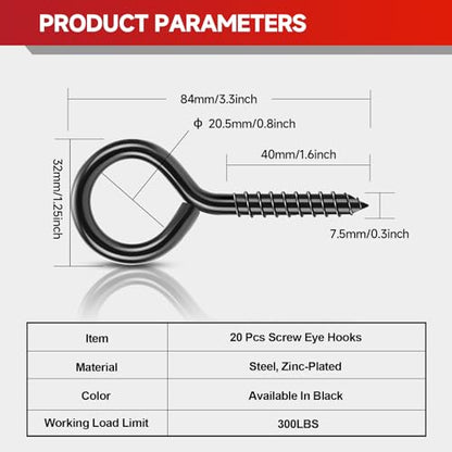 3.3 inch Eye Bolts - 20 Pcs Eyes Hooks Screw Heavy Duty 300 lbs Breaking Strength Black Rust-Resistant, Screw for Hanging Plant, Fixed Cablees, Indoor & Outdoor Use - size: 3.3" 20Pcs