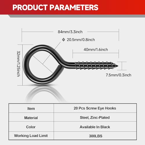 3.3 inch Eye Bolts - 20 Pcs Eyes Hooks Screw Heavy Duty 300 lbs Breaking Strength Black Rust-Resistant, Screw for Hanging Plant, Fixed Cablees, Indoor & Outdoor Use - size: 3.3" 20Pcs