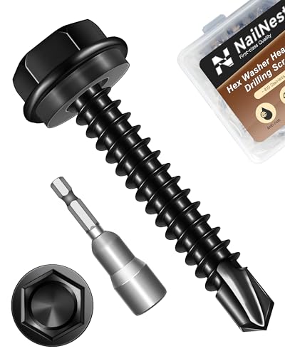 50PCS #10 x 1-1/4" Self Drilling Screws, Black Self Tapping Screws for Metal, 410 Stainless Steel Hex Washer Head Sheet Metal Screw, Quick Tapping with 8mm Hex Socket - color: Black, size: #10 x 1-1/4"