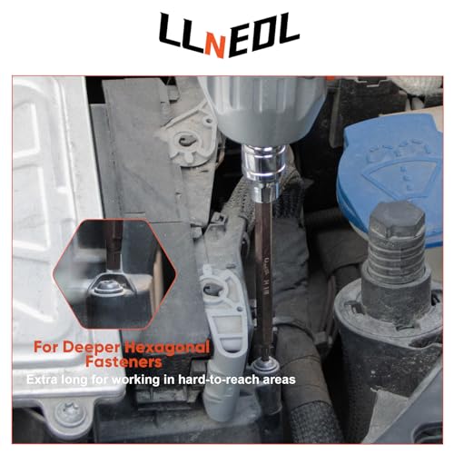 LLNEDL 3/8 Inch Drive Long Allen Hex Bit Socket Set, 19-Piece Hex Head Standard SAE & Metric Sockets (1/8"-3/8", 3-12mm), S2 Alloy Steel Durable Tools for Mechanics - size: 19pcs 3/8 inch socket set