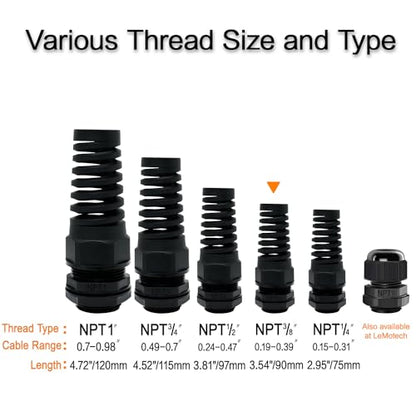 LeMotech 10Pcs NPT 3/8" IP68 Waterproof Cable Gland Flex Spiral Strain Relief Black Nylon Joint with Gaskets for 5-10mm Wire Thread - color: Black, size: NPT 3/8" (10-Pack)