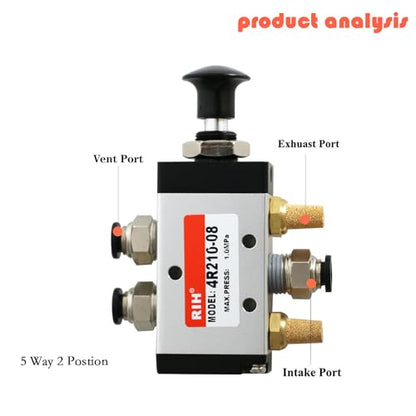RIH 5 Way 2 Postion Air Valve Air Hand Lever Operated Valve Pneumatic Solenoid Valve Manual Control Push Pull Valves 4R210-08 (1/4"NPT) - style: 5 Way 2 Postion