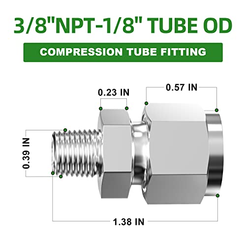 TAISHER 2PCS 304 Stainless Steel Compression Tube Pipe Fitting Connector, 3/8" Tube OD x 1/8" NPT Male Straight Adapter - size: 3/8" OD x 1/8" MNPT