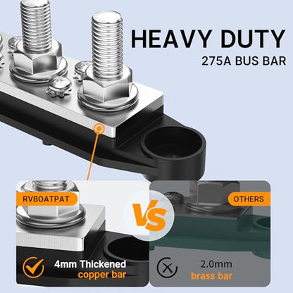 RVBOATPAT Upgrade 275A 12V Bus Bar Battery Power Distribution Block Car Audio 12 Volt DC Busbar 4 x 3/8" Posts 6 x #8 Screws for Marine Automotive RV and Solar Wiring - style: 275A 4 x 3/8" (M10) Studs and 6 x #8 Screws