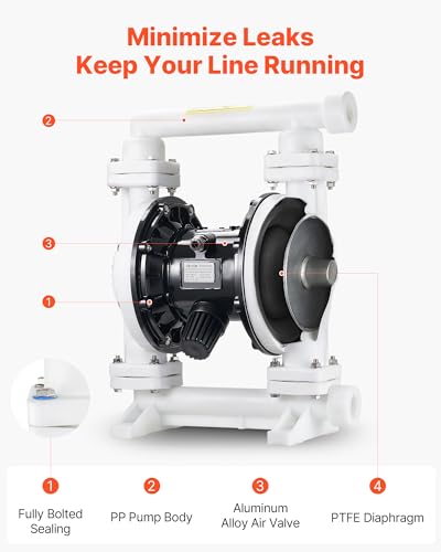 VEVOR Air Operated Double Diaphragm Pump, 25 GPM, 1 inch Inlet & Outlet Pneumatic Waste Oil Transfer Pump, Max 100 PSI, Polypropylene Body, Air-Operated for Diesel, Grease, Kerosene, Gasoline & Oil - style: 1inch 25GPM Polypropylene
