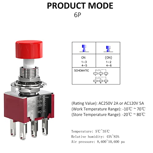 AC 2A/250V 5A/120V 6 Pin Momentary Push Button Switch NO NC with Red Cap 3Pcs - size: 6P