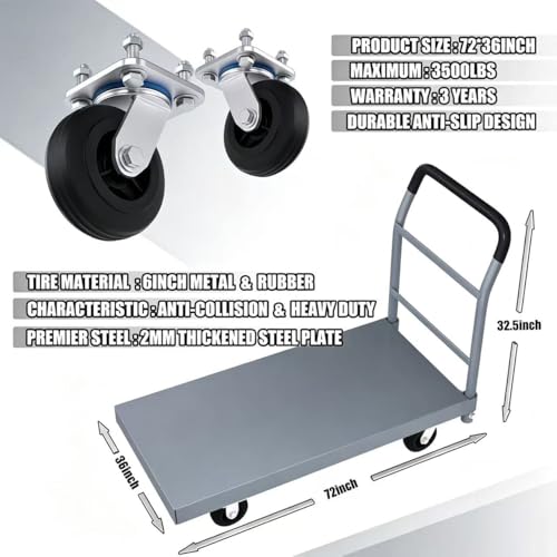Heavy Duty Flatbed Cart, 3500LB Foldable Platform Truck Industrial Grade Weight Capacity, 36''W*72''L PlatformCart, Steel Hand Push Dolly Cart for Garden, Warehouse＆Yard (36 * 72) - size: 36*72