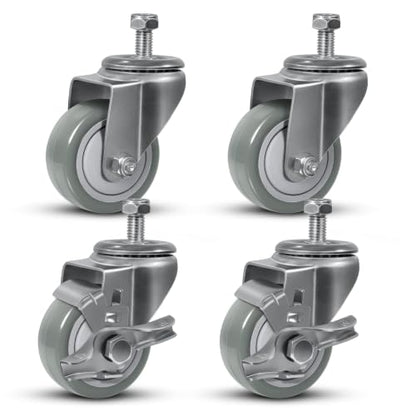 3" Casters Set of 4, Threaded Stem 1/2"-13 UNC 1", 2 Swivel 2 Brake - size: 3 Inch-Stem