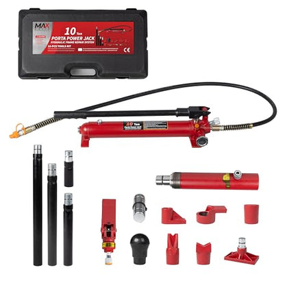 10 Ton (20,000 lbs Capacity) Porta Power Jack Hydraulic Ram Auto Body Frame Collision Repair Kit Set, 16-Pcs, with Blow Mold Carrying Case for Cars, Trucks, SUVs & More - size: 10 Ton without gauge