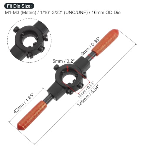 uxcell Die Stock Handle Wrench, for Metric M1-M3 (Metric) / 1/16"-3/32" (UNC/UNF) / 16mm OD Round Dies, 16mm x 5mm Threading Die Holder with Plastic Handle - size: M1-M3