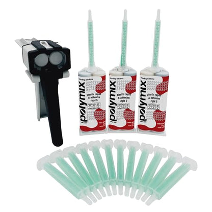 Polymix Rigid 5 Minute Plastic Repair Adhesive Kit – 3 x 50ml Cartridges, 12 Mixing Tips & Dispensing Gun – Fast Set Automotive Multipurpose Bonding Repair