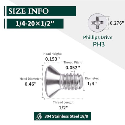 1/4-20 x 1/2" Flat Countersunk Head Machine Screws, Phillips Drive, 304 Stainless Steel 18-8, Full Thread, Coarse Thread UNC, 50 PCS - size: 1/4-20 x 1/2"