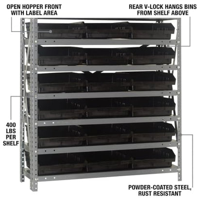 Quantum Storage Systems 1239-109BK Steel Shelving Unit with 4" Shelf Bins, 12" D x 36" W x 39" H, Black - size: 39" H x 36" W x 12" D, style: 12" L x 12" W x 4" H 18 Economy Black Bins