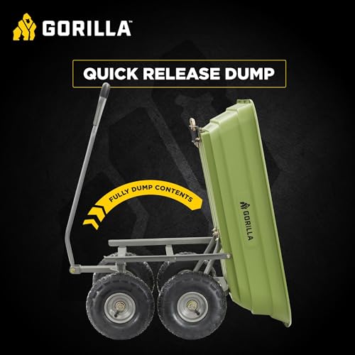 Gorilla Carts 600-Pound Capacity Heavy Duty Poly Yard Garden Steel Quick Dump Utility Wheelbarrow Wagon Cart with Straight Pull Handle, Green, Model GOR4G-COM - size: 4-Cubic Feet, style: Pneumatic-Green