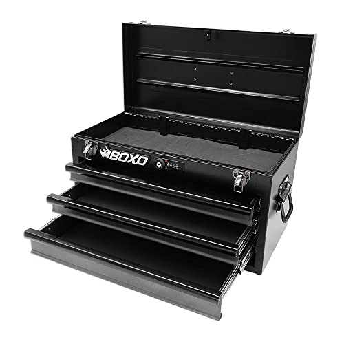 Boxo USA 3-Drawer Hand Carry Toolbox – Heavy Duty 20-Gauge Steel Portable Tool Box with Ball Bearing Drawers, Dual Key & Combination Lock, Powder-Coated Finish (Black) - color: Black