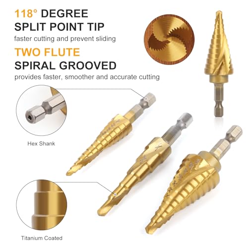 3PCS Step Drill Bit Set, 1/4" Hex Shank High-Speed Steel Spiral Grooved Step Drill Bit, Step Bits for Metal, Wood, Plastic, Aluminium, Unibit Cone Drill Bits with 31 Step Sizes Total - style: 3PCS Step Drill Bits Spiral