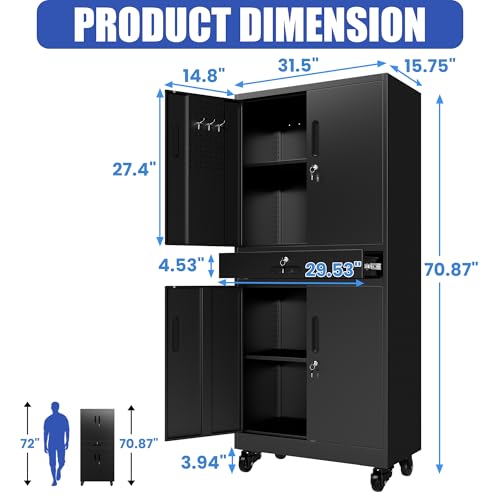 71'' Garage Storage Cabinet with Wheels,4 Locking Doors and 1 Drawer,Metal - color: Black, style: 71"H 2 doors 1 drawer with wheels