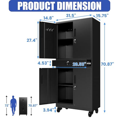 71'' Garage Storage Cabinet with Wheels,4 Locking Doors and 1 Drawer,Metal - color: Black, style: 71"H 2 doors 1 drawer with wheels