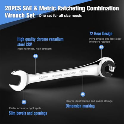 LOSCHEN Metric and SAE 20PCS Ratcheting Combination Wrench Set, Spanner Set with Open End, CR-V Steel Ratcheting Tubing Wrench Set with 72-Tooth Gear