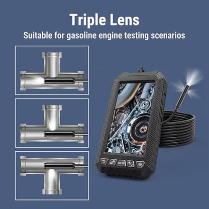 8mm Triple Lens Industrial Endoscope, 1080P Borescope Inspection Camera with 5" Screen, 16.5FT Semi-Rigid Cable, IP67 Waterproof Snake Cameras with Lights for Automotive, Plumbing - size: Triple Lens