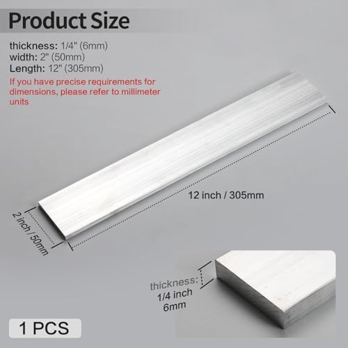 1 Pcs 1/4" x 2" 6061 Square Aluminum Flat BAR,12" Long, 6mm X 50mm X 305mm Aluminum Flat Plate, T6511 Solid New Mill Stock - size: 1/4x2x12"