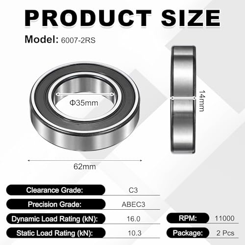 uxcell 2Pcs 6007-2RS Deep Groove Ball Bearings, 35x62x14 mm High Speed Double Rubber Seal Bearings Pre-Lubricated and Stable for Industrial Machinery Repairs 3D Project - size: 6007-2RS(35x62x14 mm)