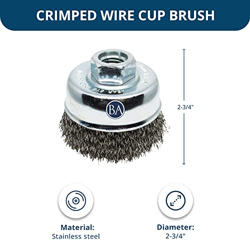 Benchmark Abrasives 2-3/4" Mounted Crimped Wire Cup Brush for Narrow Holes Derusting Paint Removal Deburring, Wire End Brush for Angle Pneumatic Grinder - (Stainless Steel) - size: 2-3/4" Crimped Wire, style: Stainless