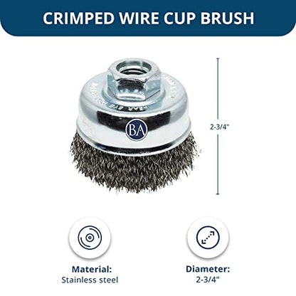 Benchmark Abrasives 2-3/4" Mounted Crimped Wire Cup Brush for Narrow Holes Derusting Paint Removal Deburring, Wire End Brush for Angle Pneumatic Grinder - (Stainless Steel) - size: 2-3/4" Crimped Wire, style: Stainless