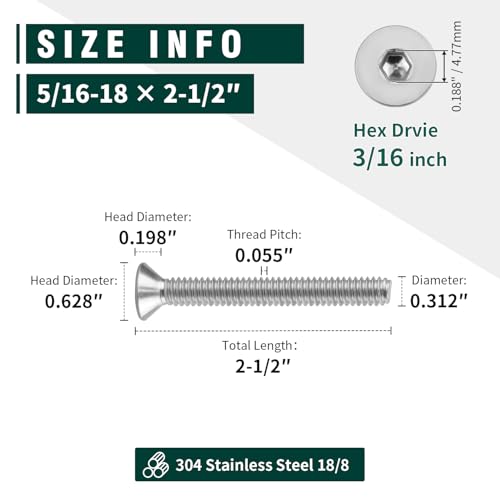 5/16-18 x 2-1/2" Flat Countersunk Head Socket Cap Screws, Full Machine Thread Coverage, Allen Hex Drive, 304 Stainless Steel 18-8 SS, 10 PCS - size: 5/16-18 x 2-1/2"