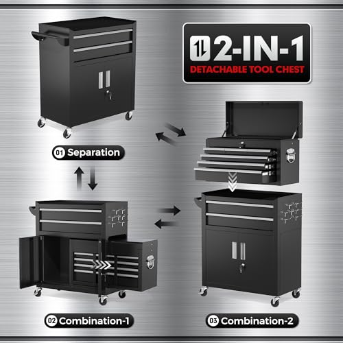 INTERGREAT 8-Drawers Rolling Tool Chest, Assembled Tool Chest with Wheels, Detachable Top Tool Box, Tool Cabinet for Repair Room,Warehouse, Rolling Tool Box with Hooks,Tray Divider,Liners(Black) - color: Black, size: 8 Drawers